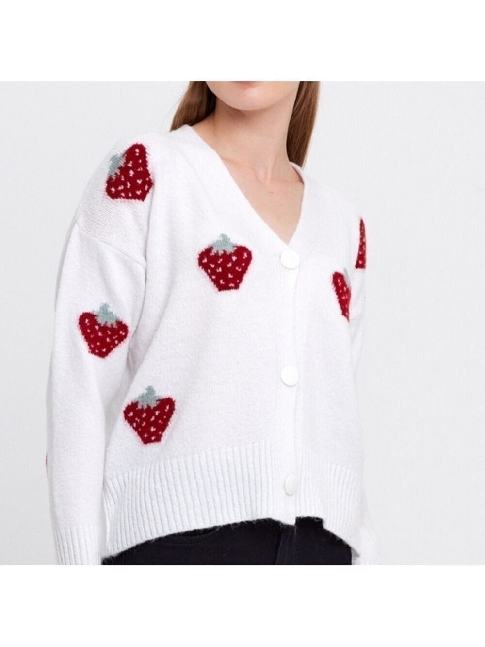 Comfy Strawberry Cropped Cardigan OS NWT - Picture 5 of 10